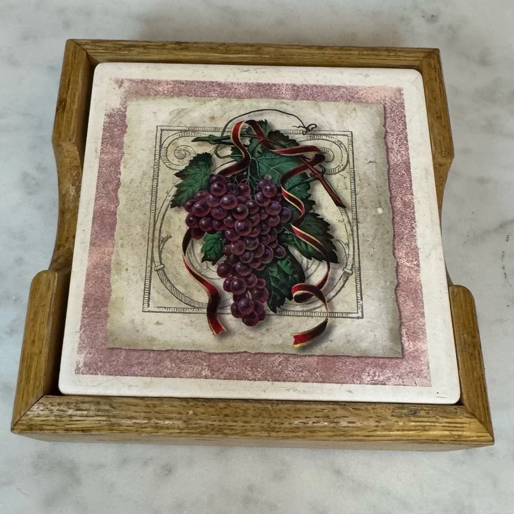 Vintage Grape Ceramic Coaster Set w/ Hand carved Wood Holder Cork Backed 4 Piece